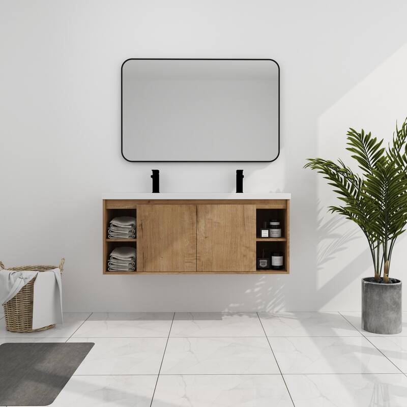 GDFStudio - Landon Modern 48 Inch Wall-Mounted Bathroom Vanity with Double Resin Sink and Soft-Close Doors - 48 inch - 48 inch - Imitative Oak