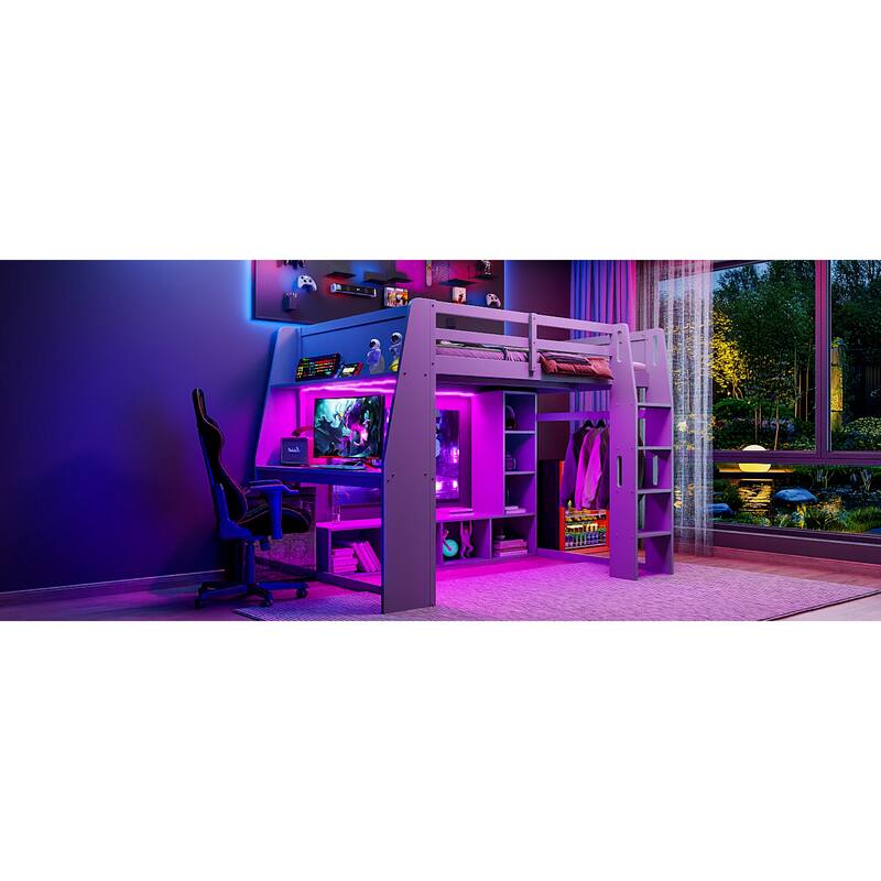 Roomfitters Twin/Full Gaming Loft Bed with Desk, Hanging Rack and LED Lights, Black and Red