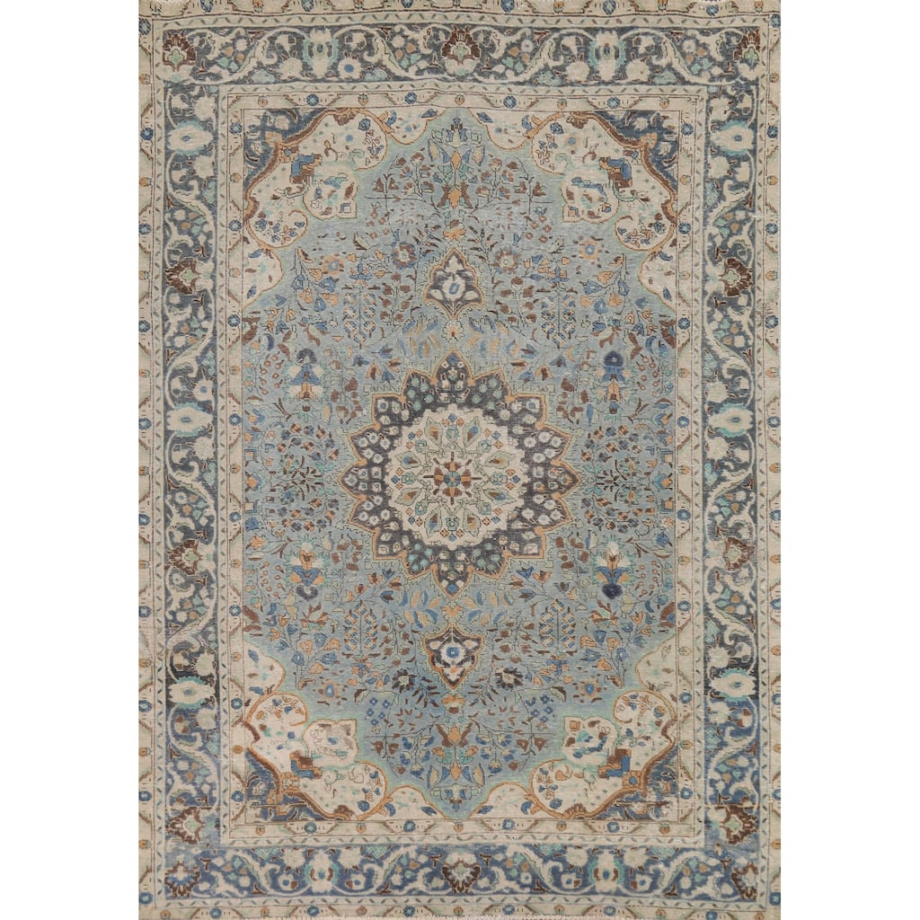 Traditional Blue Tabriz Persian Vintage Area Rug Handmade Wool Carpet - 7'1" x 9'8"
