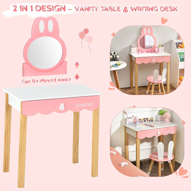 Costway Kids Vanity Set Rabbit Makeup Dressing Table Chair Set W/ - See Details