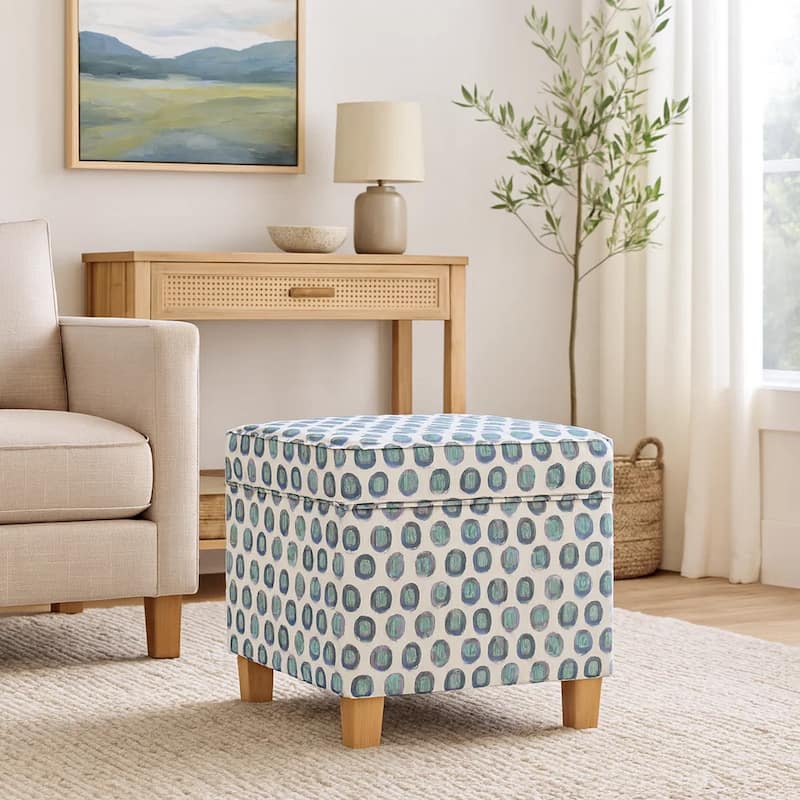 Pyp Square Storage Ottoman, 18 Inch Blue Green Pattern Print, Brown