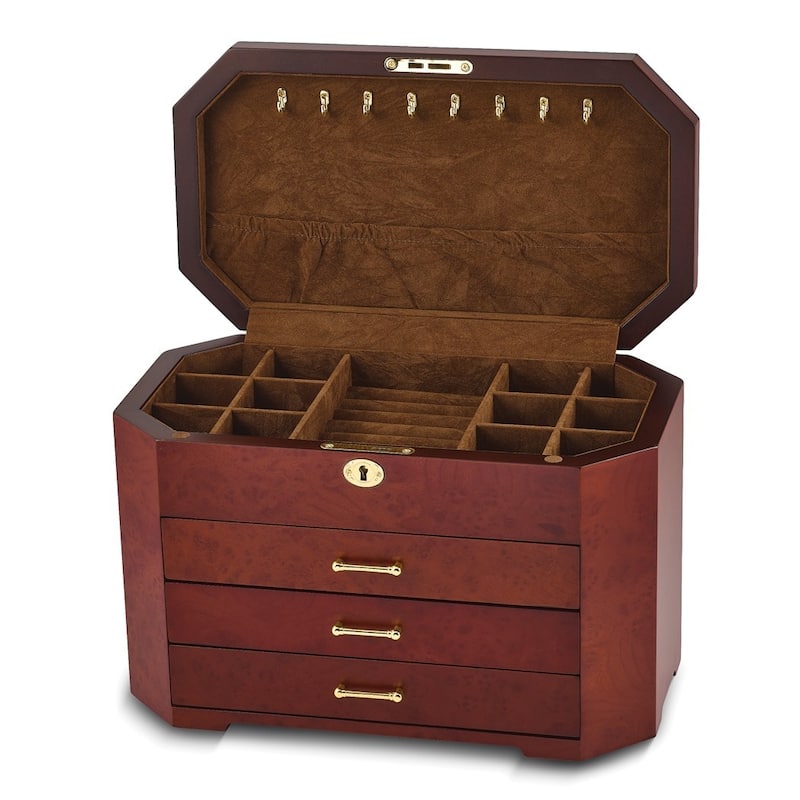 Curata Luxury Giftware High Gloss Burlwood Veneer with Black Accents 3-Drawer Locking Wooden Jewelry Box