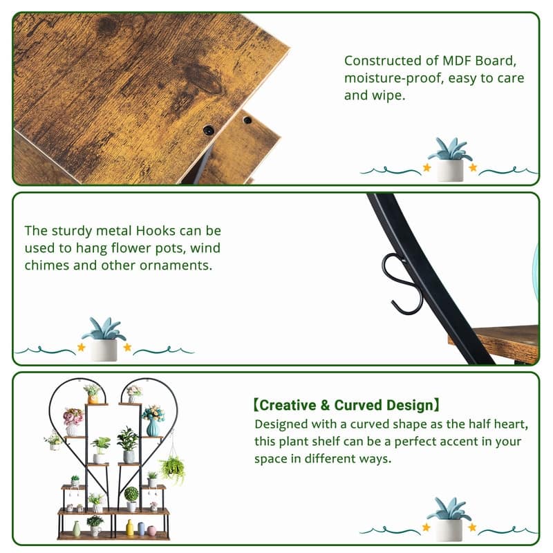 6 Layers Half Heart Iron Wood Plant Stand Flower Pot Stand