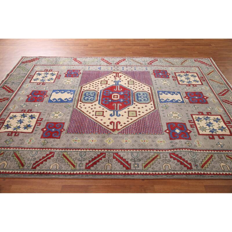 Geometric Gray Kazak Oriental Area Rug Handmade Wool Carpet - 6'4" x 9'0"