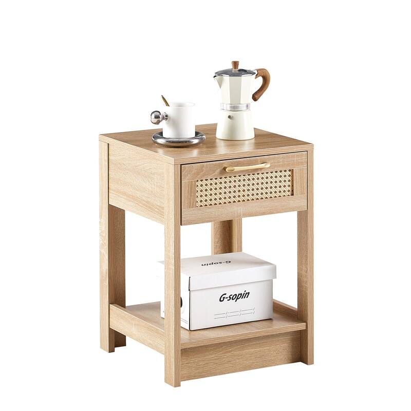 15.75" Rattan End Table with Drawer - Modern Nightstand for Bedroom & Living Room