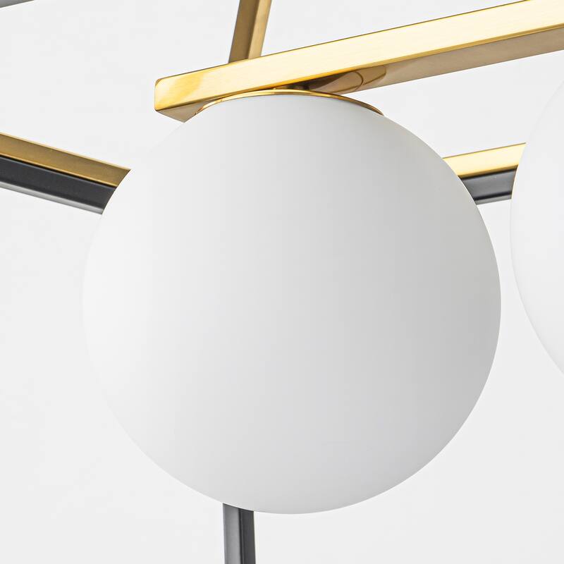 5-Light Modern Linear Chandelier in Matte Black and Brass Finish with Milky White Glass Globes for Dining Room or Kitchen Island