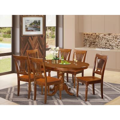 HomeStock 7-Piece Oval Saddle Brown Finish Solid Wood Top Dining Table with 6 Chairs with Lattice Back