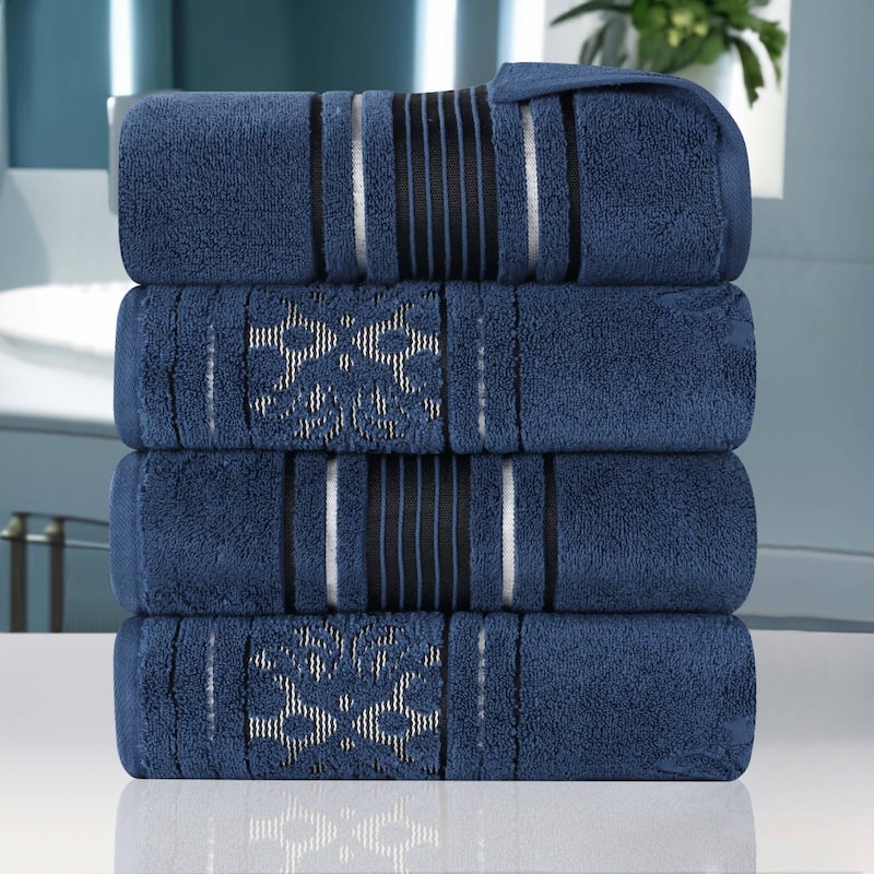Superior Sadie Zero Twist Cotton Solid and Floral Bath Towel Set of 4 - Navy Blue