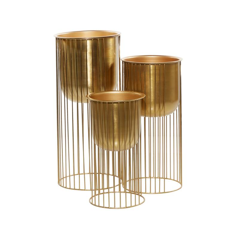 Gold Metal Deep Recessed Dome Indoor Outdoor Planter with Elevated Caged Stand (Set of 3)