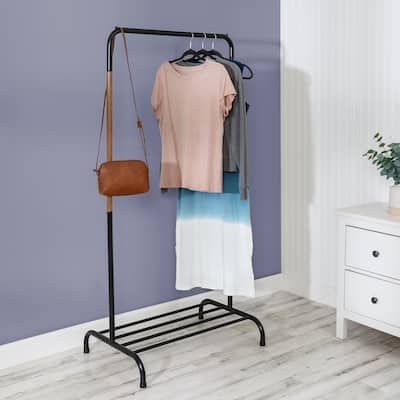 Black and Natural Single Garment Rack with Shoe Shelf