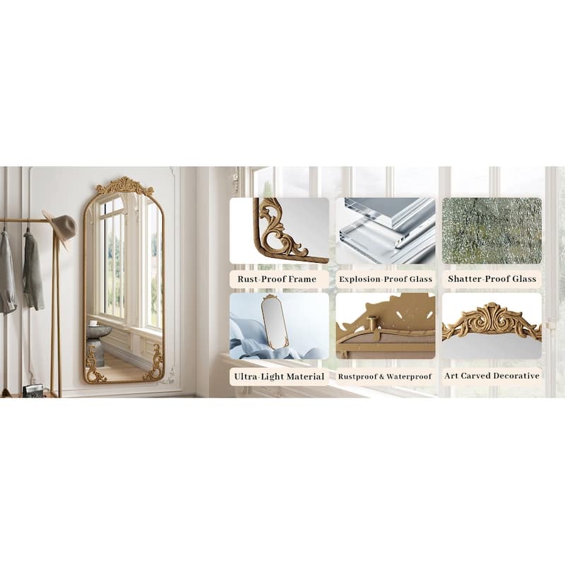 58"x24" Arched Full Body Mirror with Vintage Ornate Carved Applique on Top and Bottom, Hanging Wall Mounted Mirror,