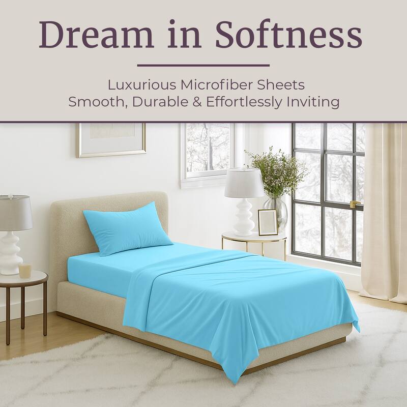 Brushed Microfiber Sheet Set- 3 Piece Bed Linens-Fitted & Flat Sheets, Pillowcase-Wrinkle,by Lavish Home (Twin XL, Light Blue)
