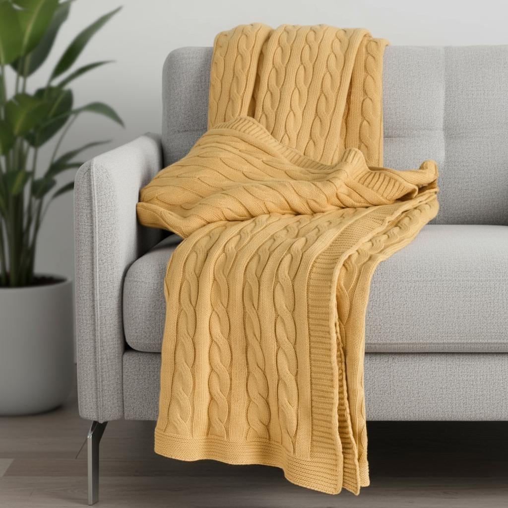 HomeRoots 50" X 60" Yellow Cotton Cable Knitted Throw Throw Blanket