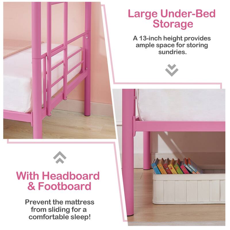 Bunk Bed Metal Twin Size Bunk Beds Frame with Ladder & Full-Length Guardrail Heavy Duty Sturdy 2 in 1 Convertible Bunk Bed