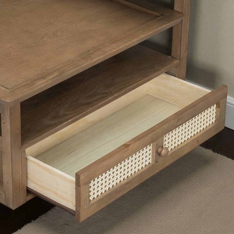 31.5'' Modern Coffee Table with Rattan Drawer, Dual Tabletops & Storage Shelf, Wooden Accent Table for Living Room