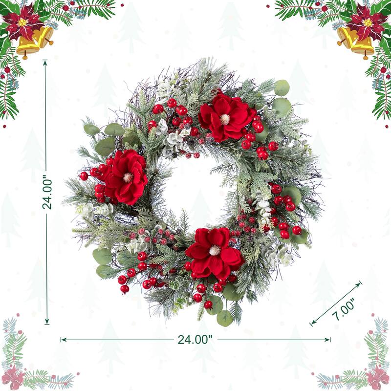Glitzhome Christmas Red Mangnolia & Berry Wreath Garland Teardrop Hanging Decor
