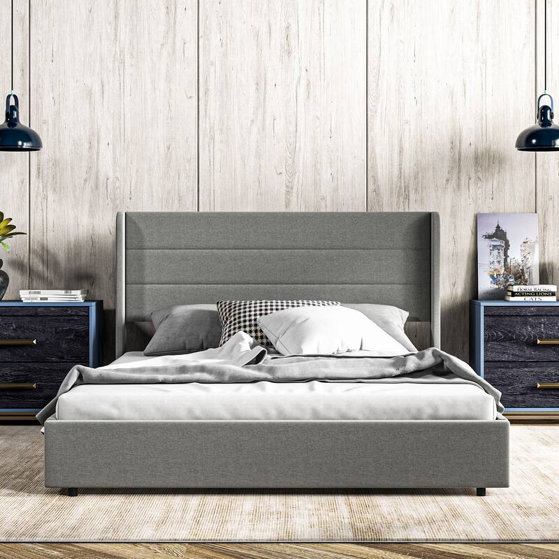 Light Grey Linen Fabric Upholstered Bed Frame with 4 Storage Drawers and Steel Frame