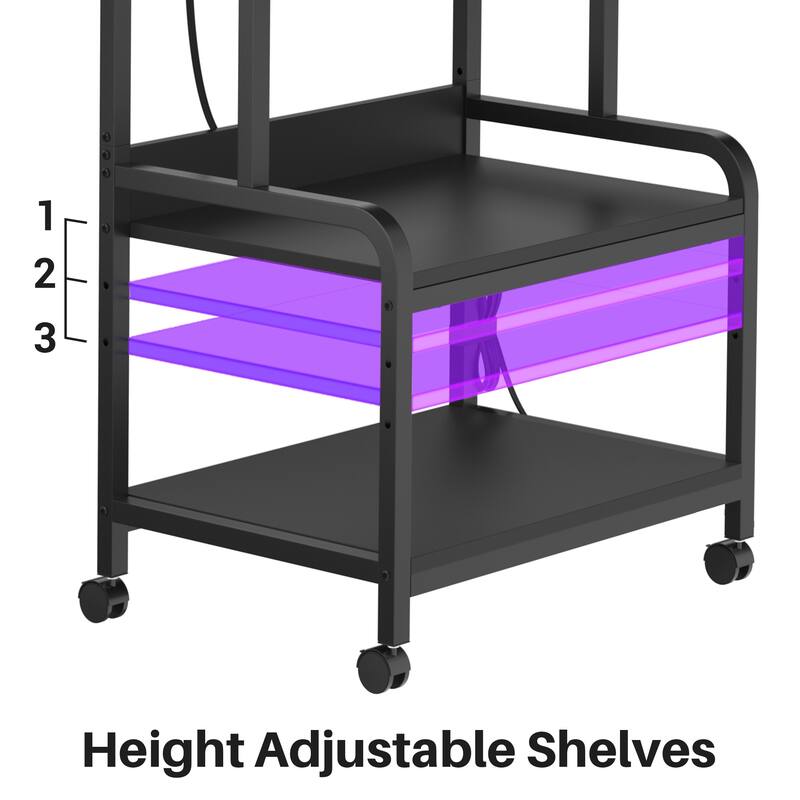 3 Tier Printer Stand File Cabinet with Height Adjustable Storage Shelf and Charging Station and Wheels