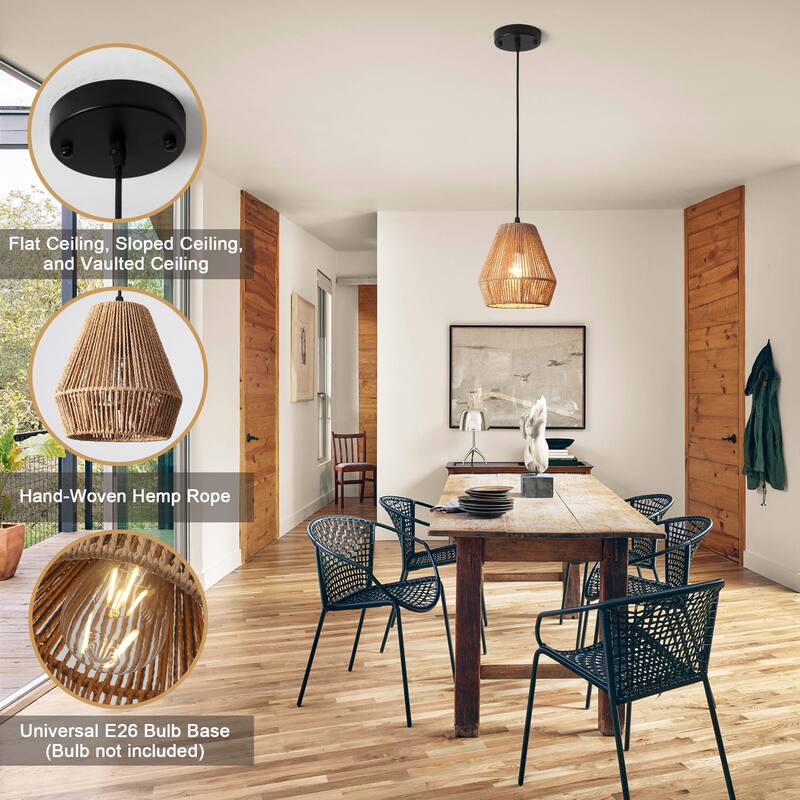 3-Light Metal Hanging Pendant Light Chandelier with Paper Rattan Shade for Kitchen Island