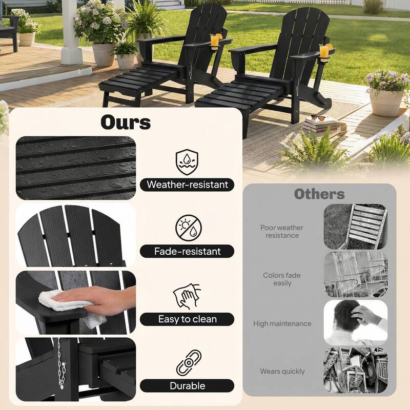 Outsunny Folding Adirondack Chair Set of 2, Outdoor HDPE Fire Pit Chair with Retractable Ottoman