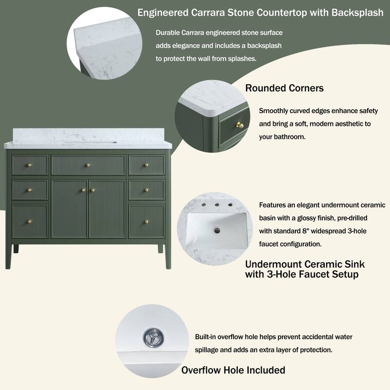 Modland 48" Bathroom Vanity with Sink, Soft Close Drawers & Doors, Carrara Marble Top, Fully Assembled - 48 inch