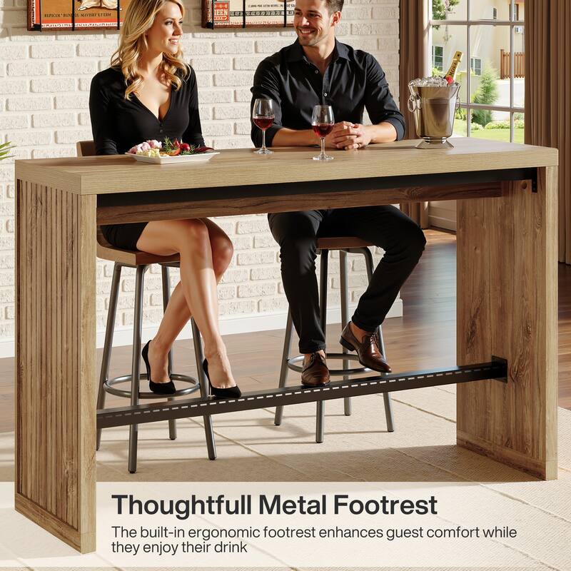 55 Inch Bar Table, Wooden Counter Height Table with Metal Footrest - 55.11" W x 15.59" D x 37.40" H