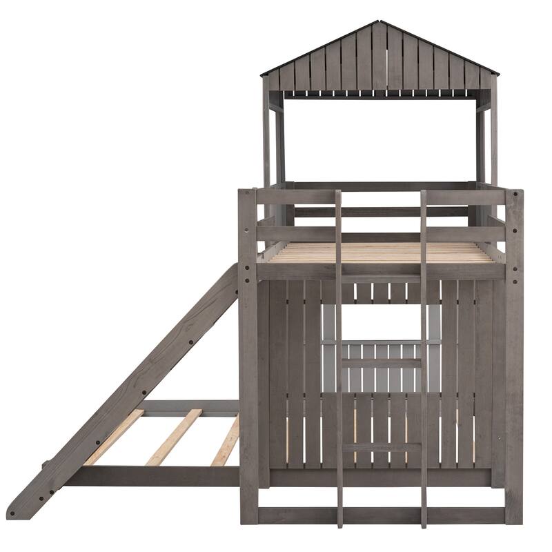 Wooden Bunk Bed, Loft Bed with Playhouse, Farmhouse, Ladder, Slide and Guardrails