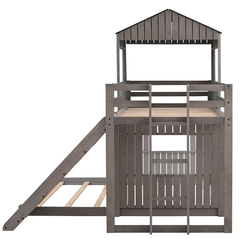 Wooden Twin over Full Bunk Bed, Loft Bed with Playhouse and Farmhouse