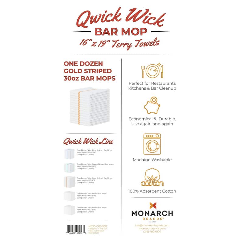 Arkwright Qwick Wick 12-Piece Bar Mop Towels - 16x19