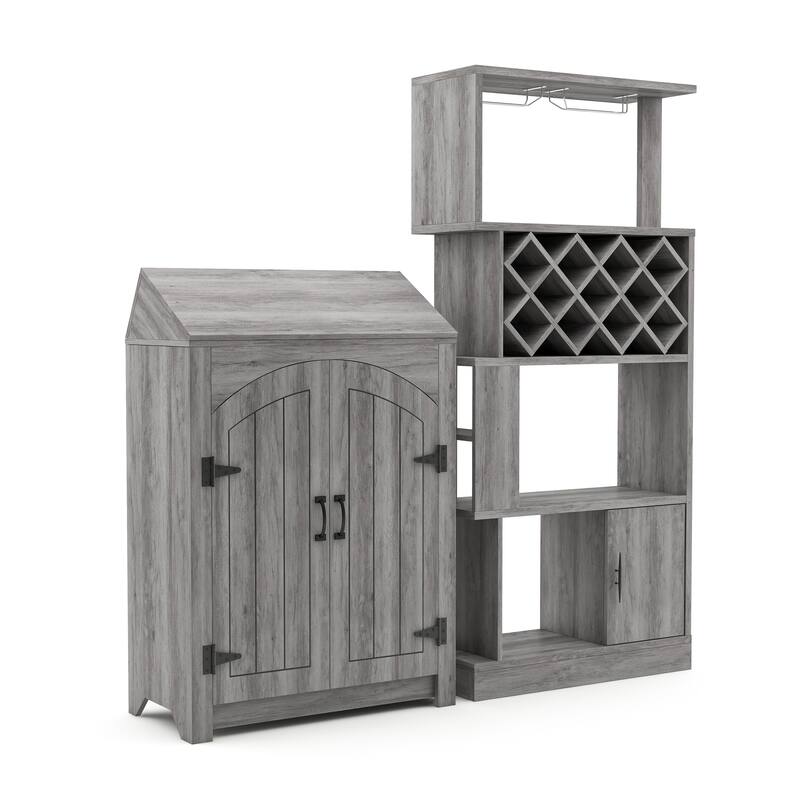 Darci Farmhouse Vintage Grey Oak Multi-Storage 2-Piece Wine Bar Set by Furniture of America
