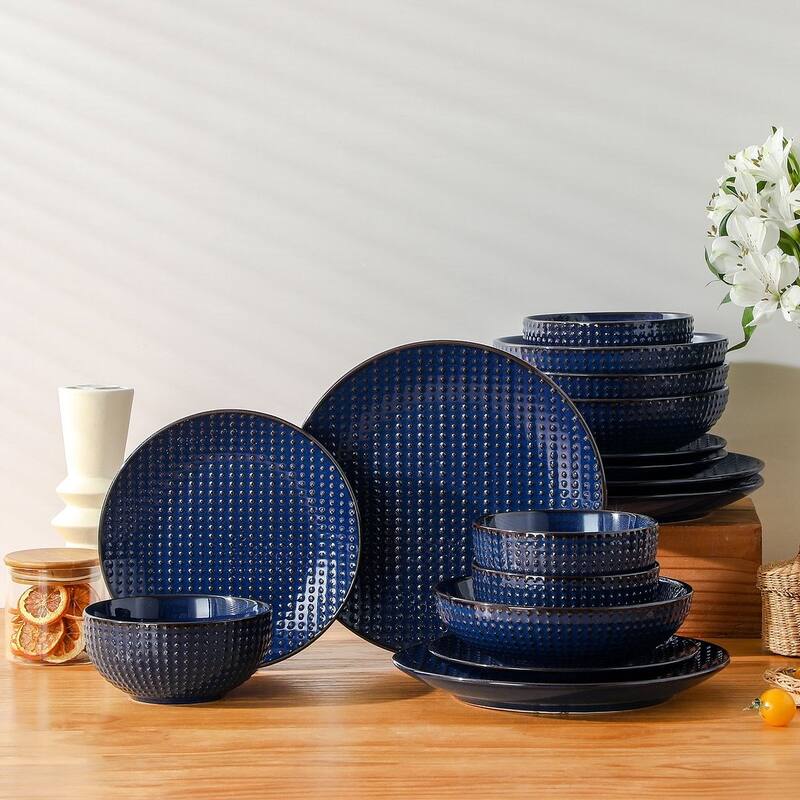 MALACASA LYDIA Embossed Stoneware 16-Piece Dinnerware Set - Vintage Diamond Reliefs - kiln mutation blue