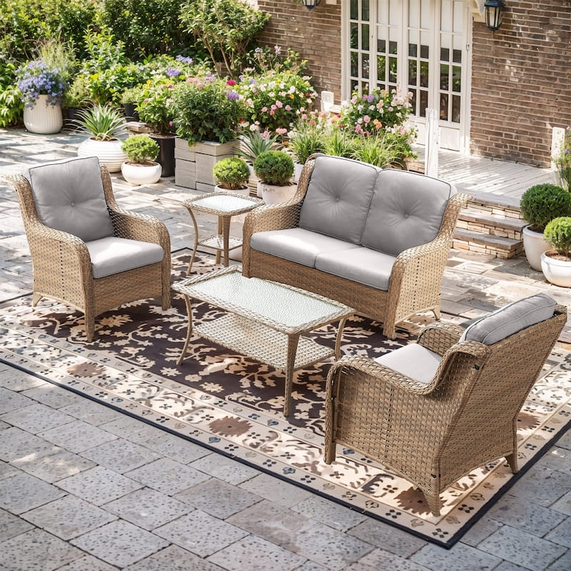 Pocassy 5 Pieces Outdoor Patio 2-Seat Sofa Chairs with Coffee Table - Yelllow Wicker - Beige cushion