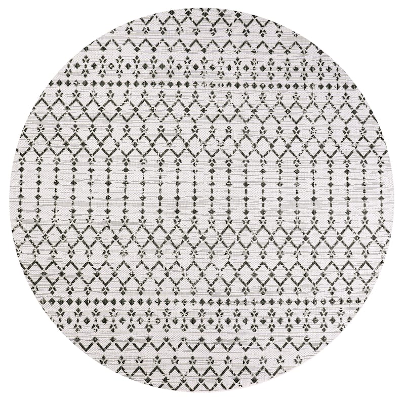 JONATHAN Y Trebol Moroccan Geometric Textured Weave Indoor/Outdoor Area Rug - 5' Round - Cream/Black