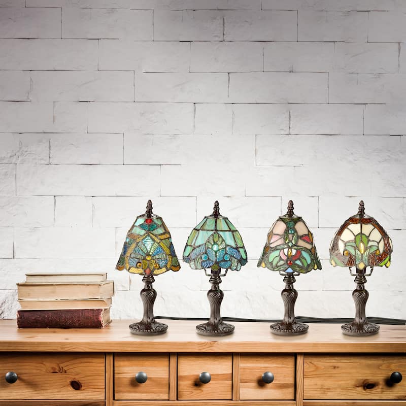River of Goods Set of 4 Family Favorites Tiffany Style Stained Glass Mini Accent Lamps - 6"L x 6"W x 12"H - Each
