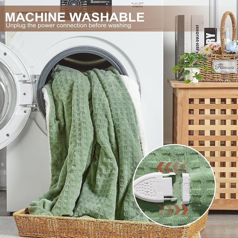 Waffle Soft Flannel & Sherpa Heated Throw Electric Blanket, Greeen