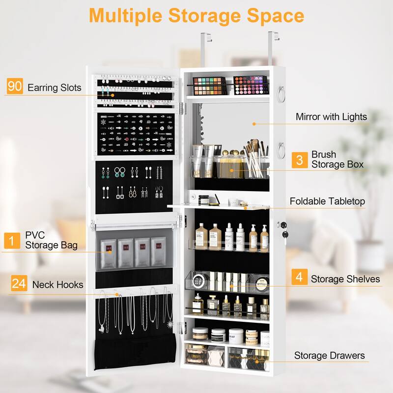Javlergo Hanging Mirrored Jewelry Cabinet Wall/Door Mounted Lockable Armoire Organizer