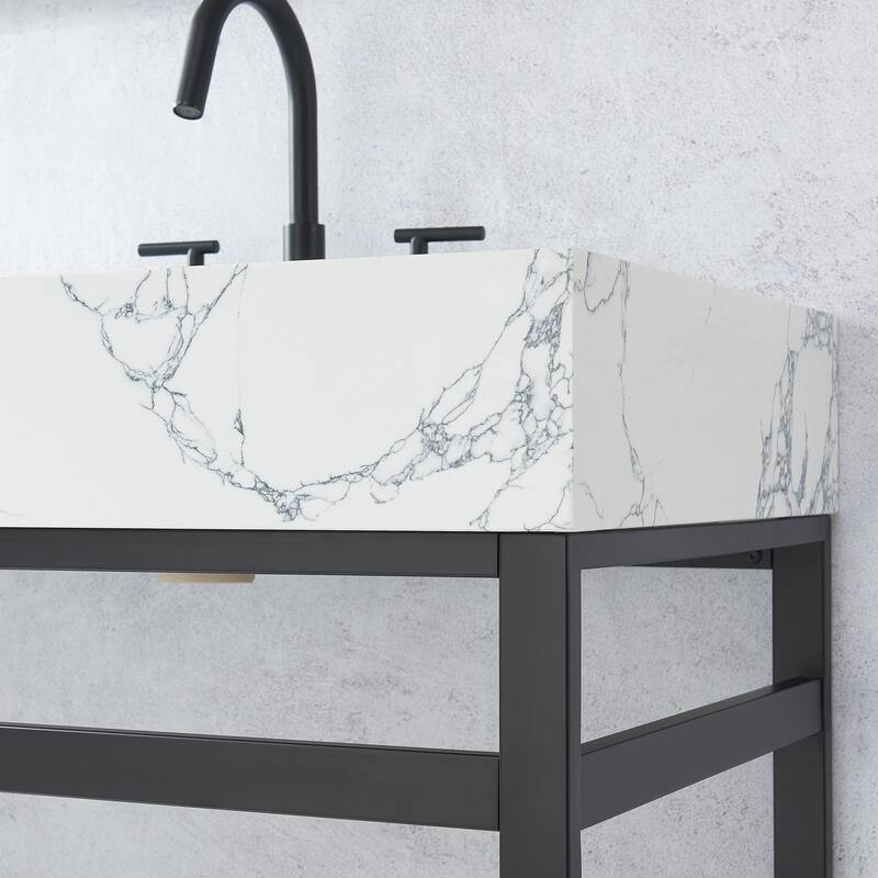 Ecija Bath Vanity, Metal Support with Composite Stone Top and Mirror