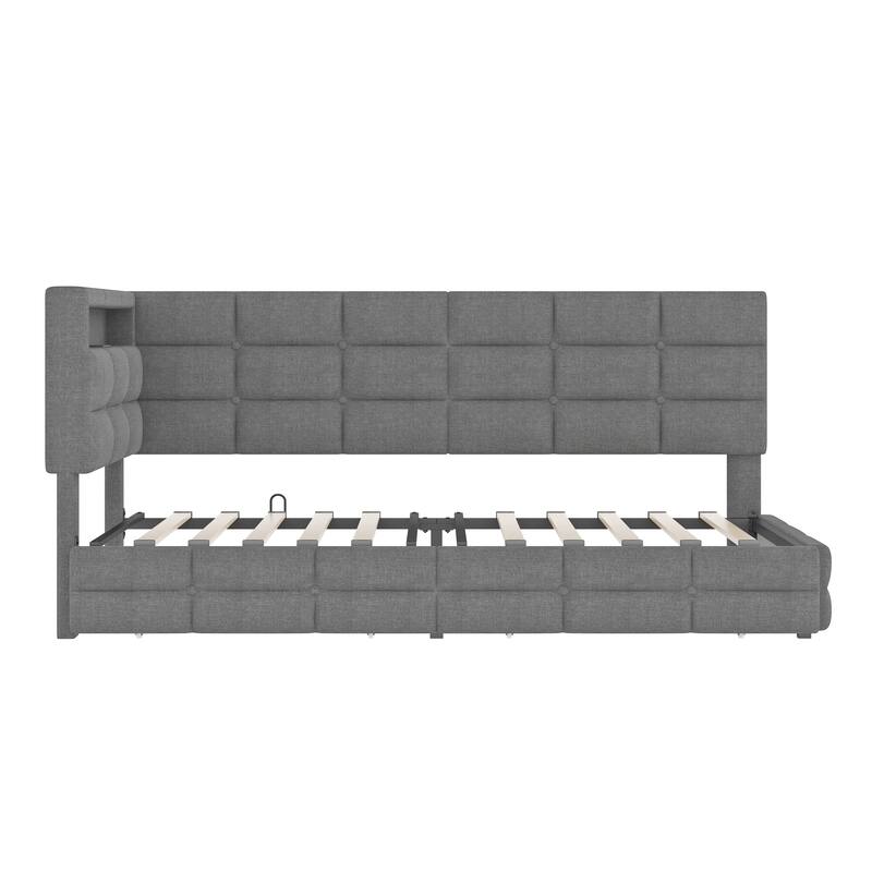Twin Size Upholstered Daybed with Storage Drawers, Charging Station, and LED Lights, Gray