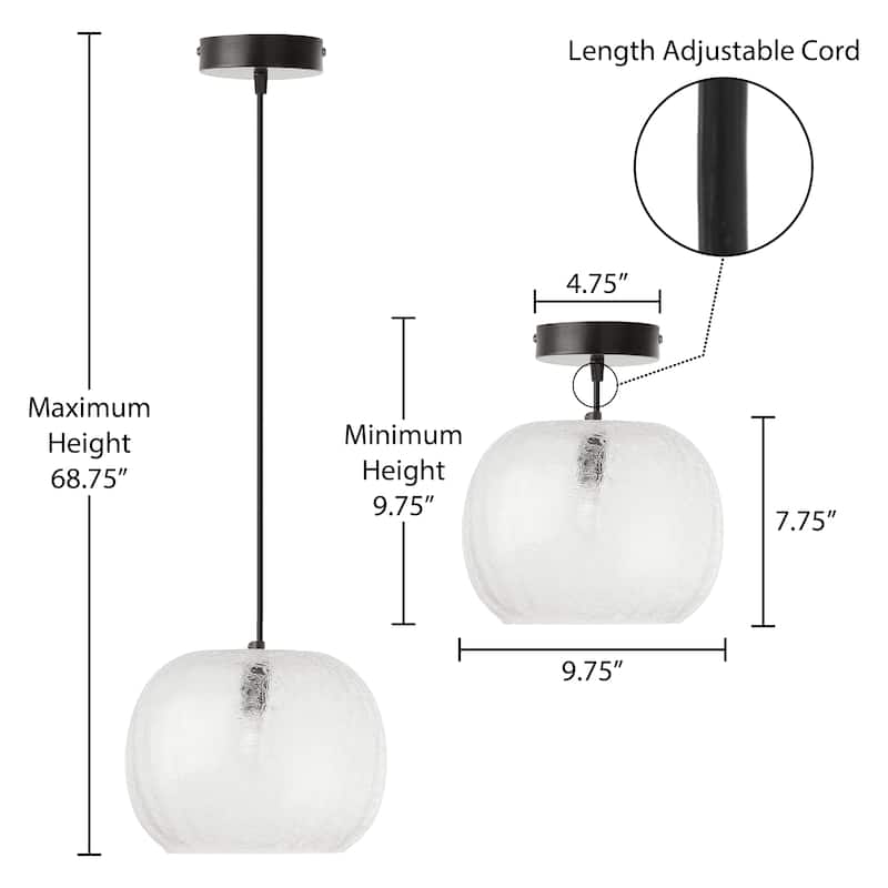 River of Goods Black Metal and Glass 9.75-Inch Pendant Light with Adjustable Hanging Cord - 9.75" x 9.75" x 9.75/68.75"