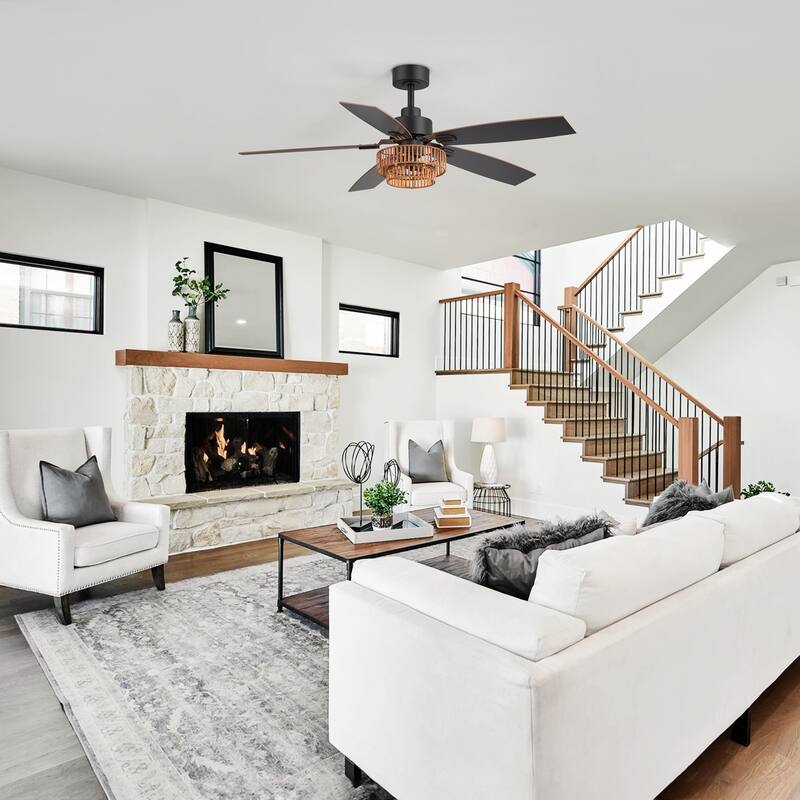 52-inch Farmhouse Ceiling Fan with Light and Remote(5 Reversible Blades） - Matte Black - Remote