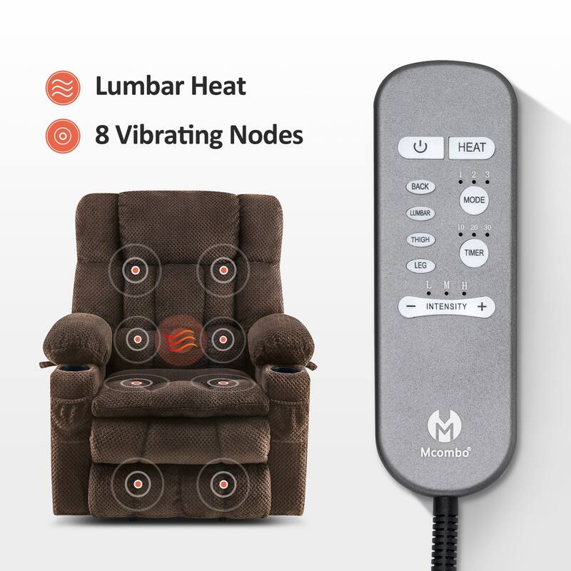 MCombo Medium Dual Motor Power Lift Recliner Chair Infinite Position, Massage and Heat, Extended Footrest, Fabric 7890