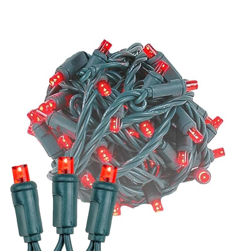 50 Light LED Christmas Mini Light Set, Patio Lights, Warm White, Green Wire, 11’ - Red