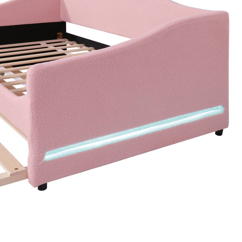 Teddy Fleece Twin Size Upholstered Daybed with Light and Trundle