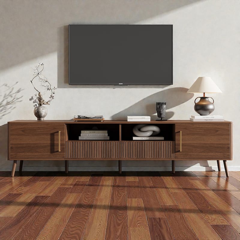 78" Modern TV Stand for TVs Up to 85", Entertainment Center with Soft-Close Doors, Open Shelf & Drawers, Solid Wood Legs