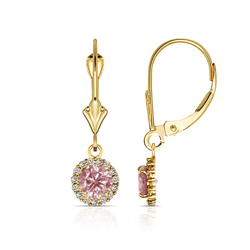 Curata Solid 14k Yellow Gold Birthstone Round Cubic Zirconia Halo Dangle Leverback Earrings (6mm x 24mm)