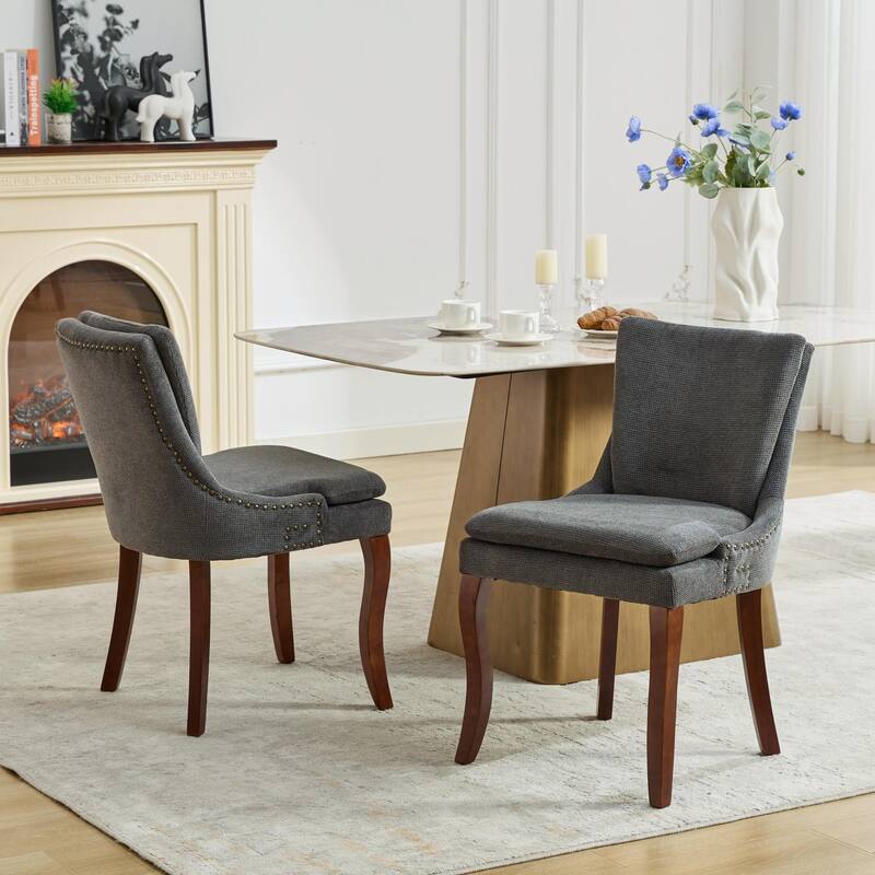 Chenille Upholstered Dining Chairs, Kitchen Chairs with Nailhead Trim & Double-Layer Seat Back Cushions, Solid Wood Legs - Gray