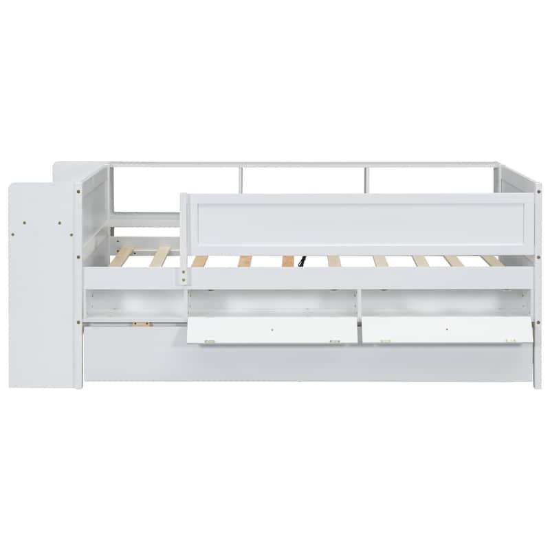 White Multi-Functional Twin Daybed with Headboard Storage, Drawers, Trundle