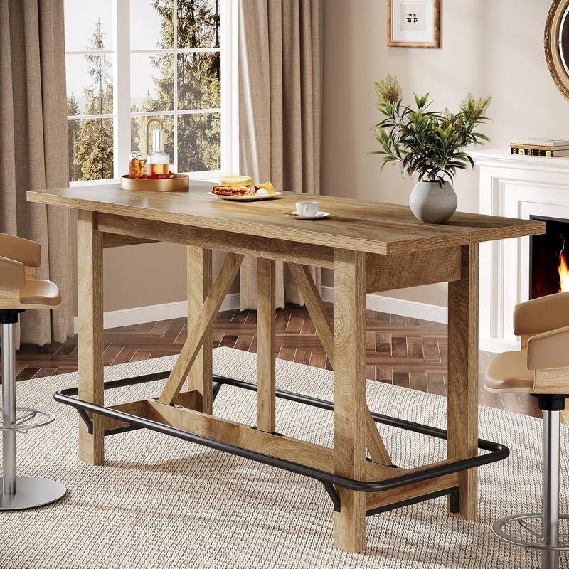 63 inch Bar Table, Long Counter Height Pub Dining Table with Footrest, Home Bar Furniture