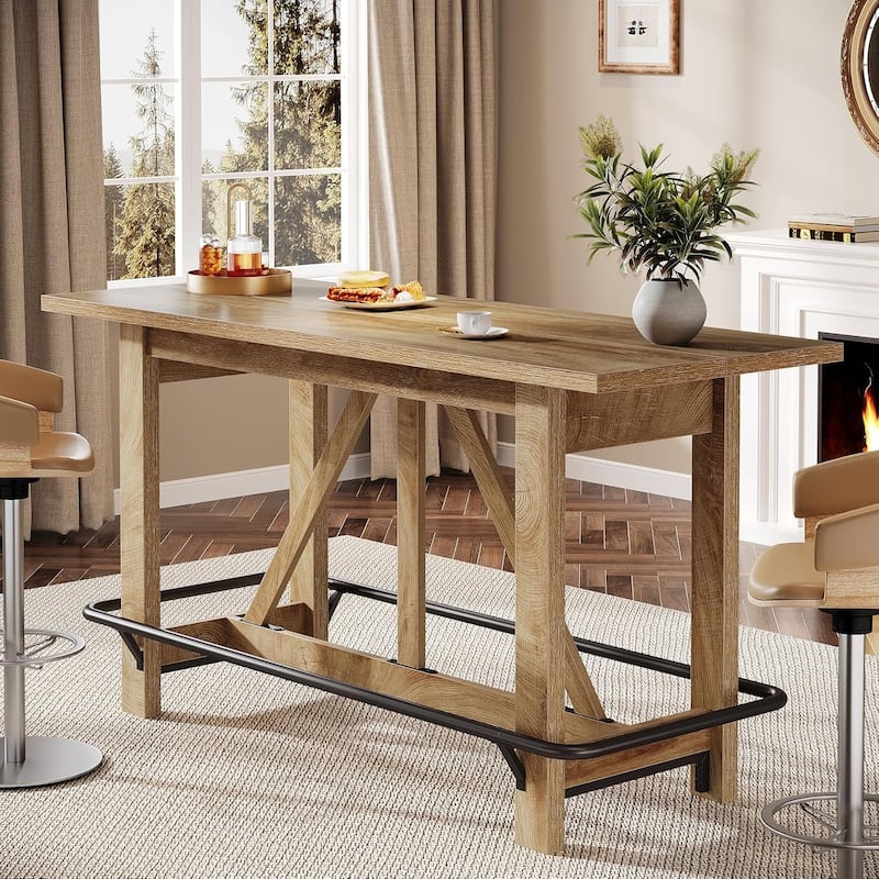 63-inch Long Counter Height Pub Bar/Dining Table with Footrest, Home Bar Furniture