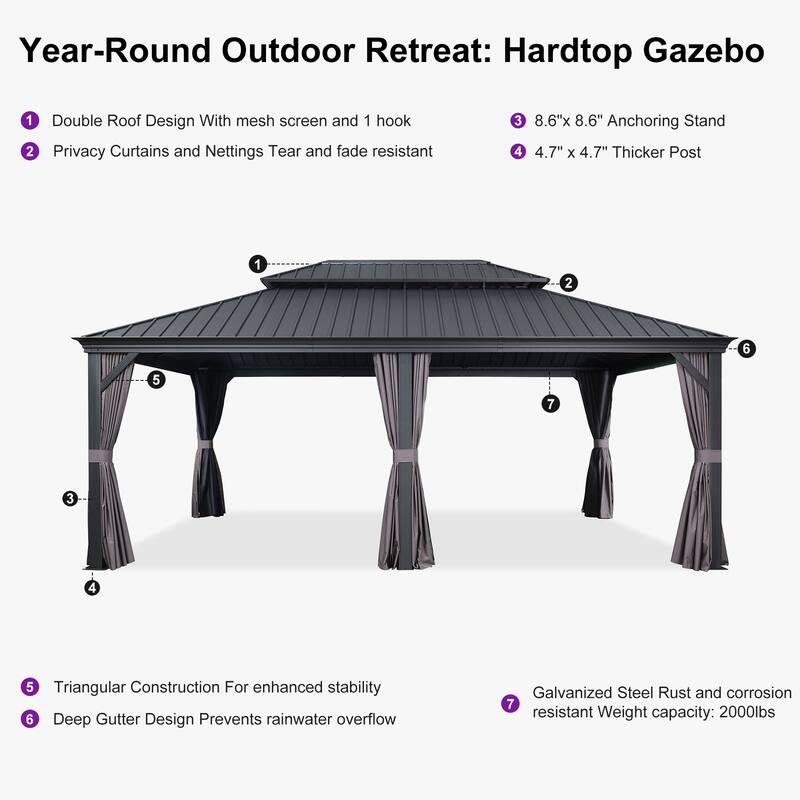 PURPLE LEAF Outdoor Galvanized Steel Hardtop Gazebo, Aluminum Frame Gazebo With Curtains